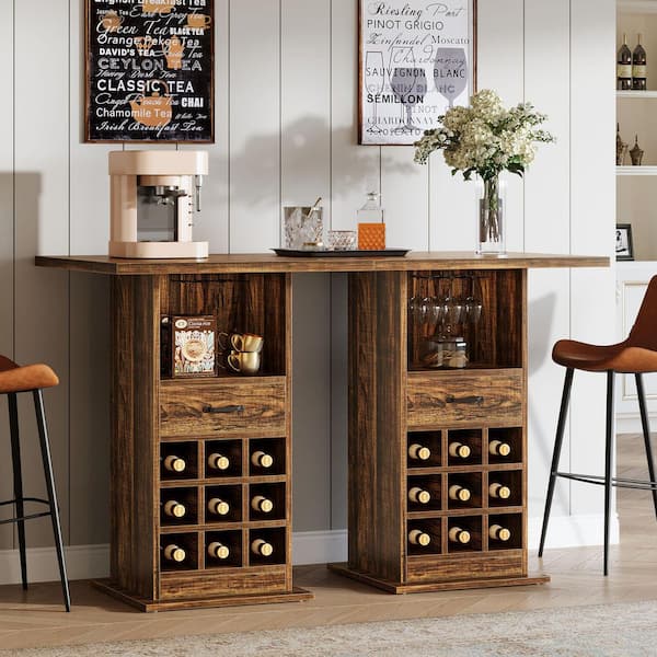 Kearsten 39.37 in. H Brown Square Bar Table, Wooden Freestanding Liquor Table w/ Storage and Wine Rack for Home 2 Pieces