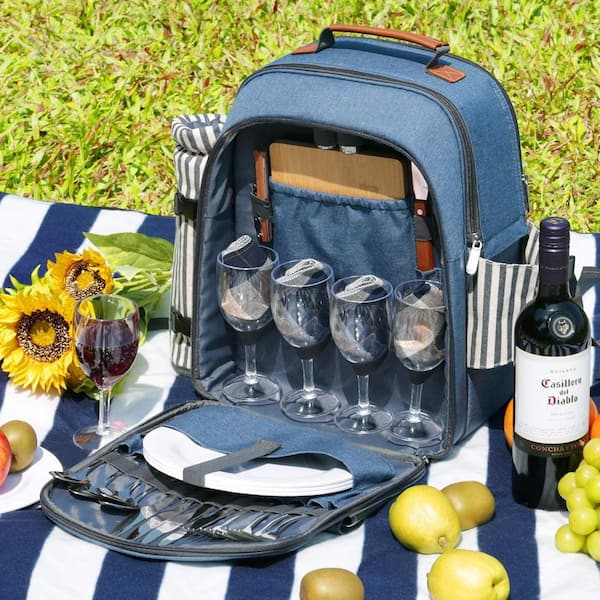 Picnic Backpack for 4 Person with Blanket, Picnic Bag Set with