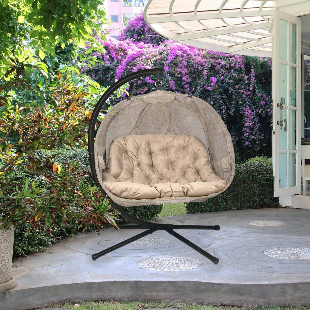 Bark Brown Hanging Pumpkin Chair with Cushions and Stand