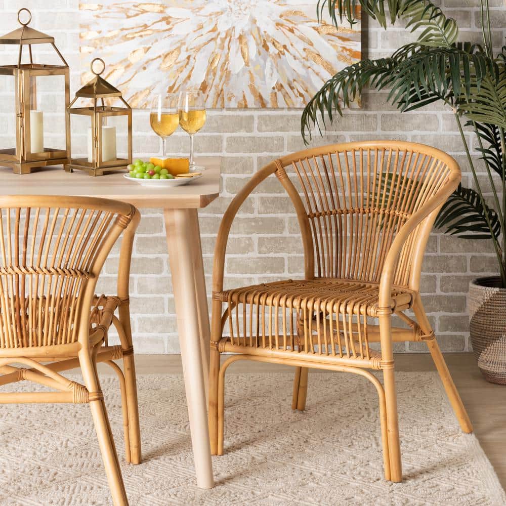 Bohemian Natural Brown Rattan Low Arm Chair with Crisscross Base