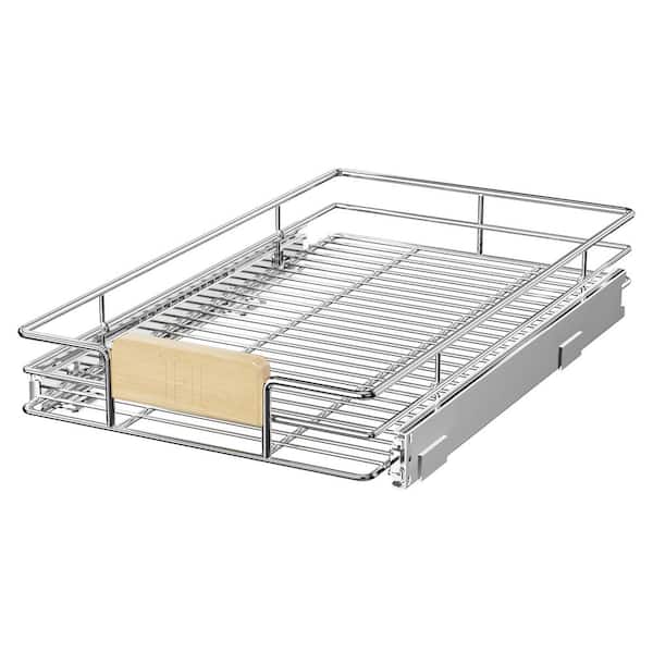 HOMEIBRO Space Saver Silver Metal Pull-Out Organizer for Kitchen Wooden Handle Slide Out Storage