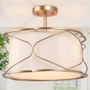 Modern Drum Ceiling Light Imogen 16 in. 3-Light Brass Gold Round Semi-Flush Mount Light with Fabric Shade