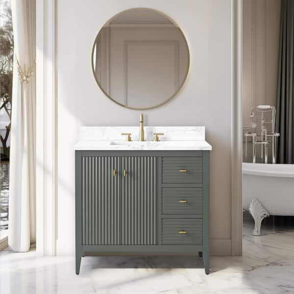 36 in. W x 22 in D x 38 in. H Single Sink Bath Vanity Cabinet in Linear Vintage Green with White Engineered Marble Top
