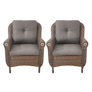 Chrysanthemum Armrest Series 2-Pack Outdoor Brown Wicker Outdoor Lounge Chair with CushionGuard Gray Cushions