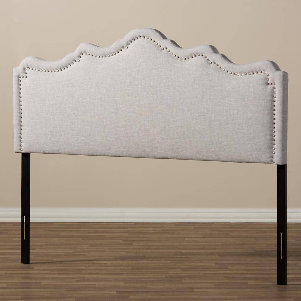 Greyish Beige Upholstered Queen Headboard with Nailhead Trim