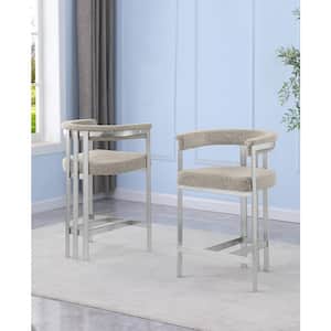 Riley 30 in. Grey Color Low Back Metal Frame Matte Brushed Chrome Base Bar Stool With Boucle Fabric Set of 2
