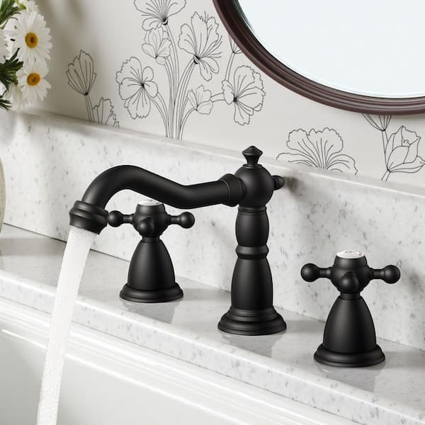 8 in. Widespread Double Handle Bathroom Faucet with Drain Kit Included-Anti-Fingerprint 3-Hole Sinks in Black