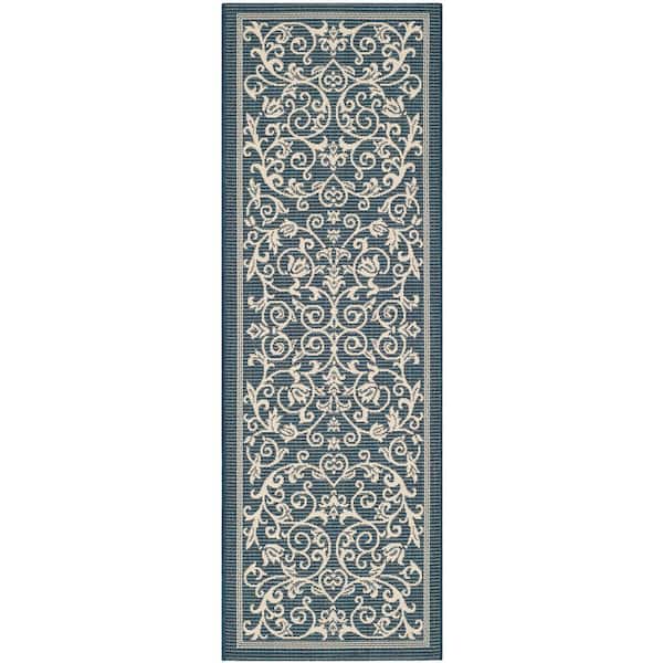 Courtyard Navy/Beige 2 ft. x 12 ft. Border Scroll Floral Indoor/Outdoor Patio  Runner Rug