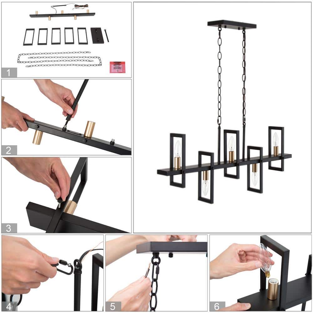 Modern Black and Brass Rectangle Island Chandelier with Clear Glass Shades