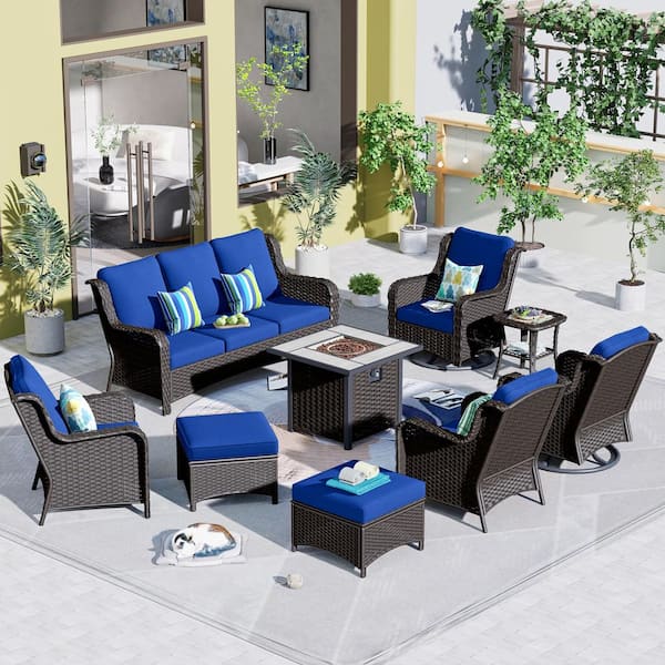 OVIOS New Kenard Brown 9-Piece Wicker Patio Fire Pit Conversation Set with Navy Blue Cushions and Swivel Rocking Chairs