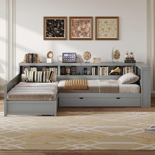 Qualler Gray Wood Frame Twin Size L-Shaped Platform Bed with