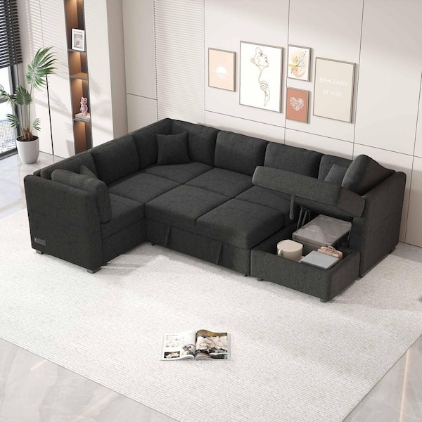 108.6 in. Square Arm Chenille Sectional Sofa with 2 USB Ports, 2 Power Sockets, 3 Back Pillows in. Black