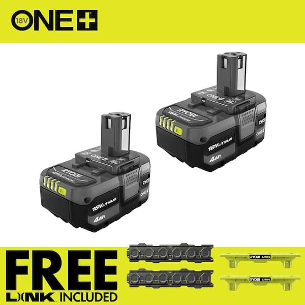 RYOBI ONE+ 18V Lithium-Ion 4.0 Ah Battery (2-Pack), with FREE LINK Wall Rails (2-Pack), and (2) LINK ONE+ Battery Shelves
