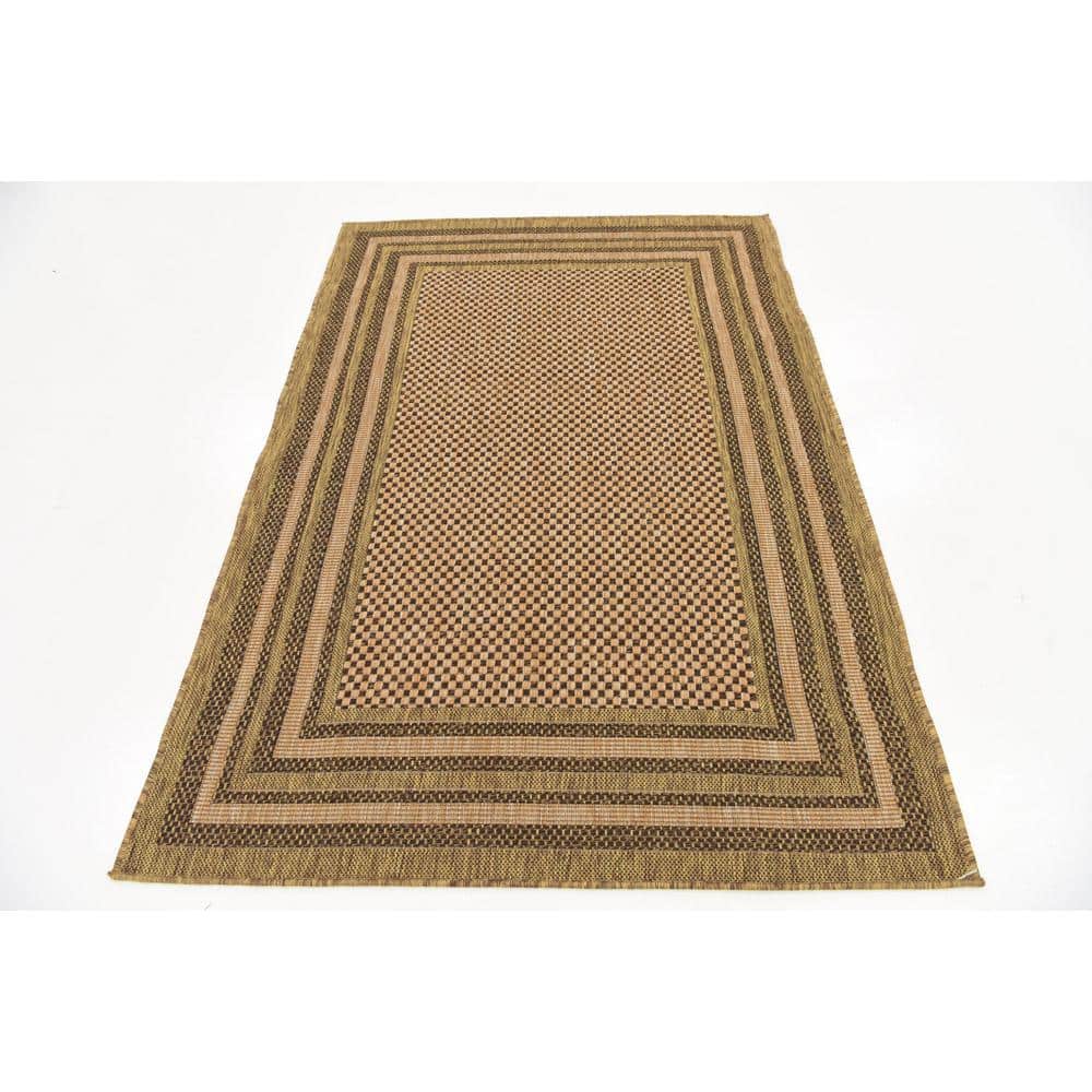 Multi-Border Brown Synthetic 4' x 6' Outdoor Area Rug
