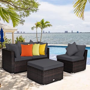 4-Pieces Wicker Outdoor Sectional Set Patio Sofa Ottoman with Grey Cushions