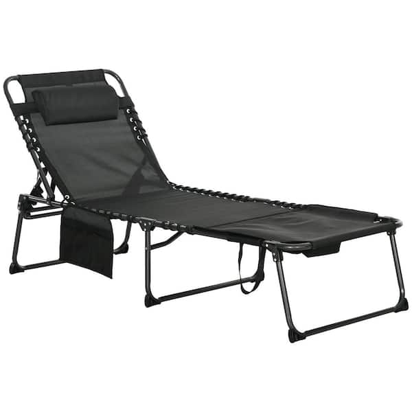 Foldable Gold Outdoor Tanning Lawn Chair with 5-Layer Reclining Backrest, Side Pockets and Headrest, Black