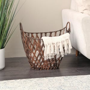 Geometric Plastic Rattan Open Frame Woven Storage Basket with Ring Handles