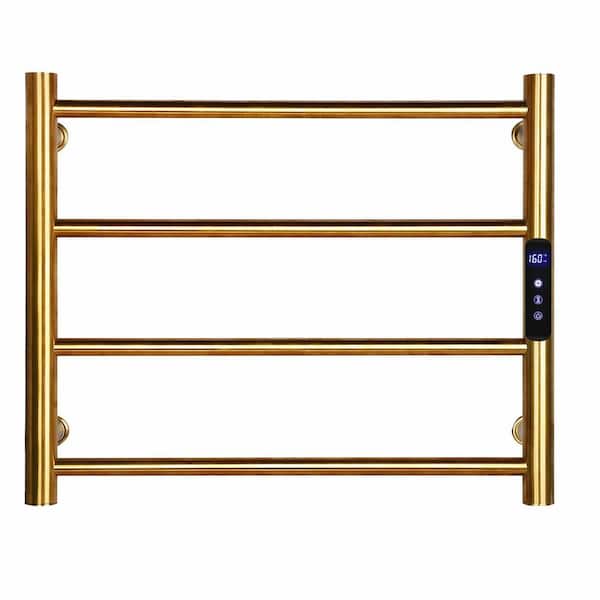 Brushed Gold Wall Mounted Heated Towel Rack with 4 Bars, Adjustable Timer and Temperature Control, 21.3 x 4.7 x 17.7