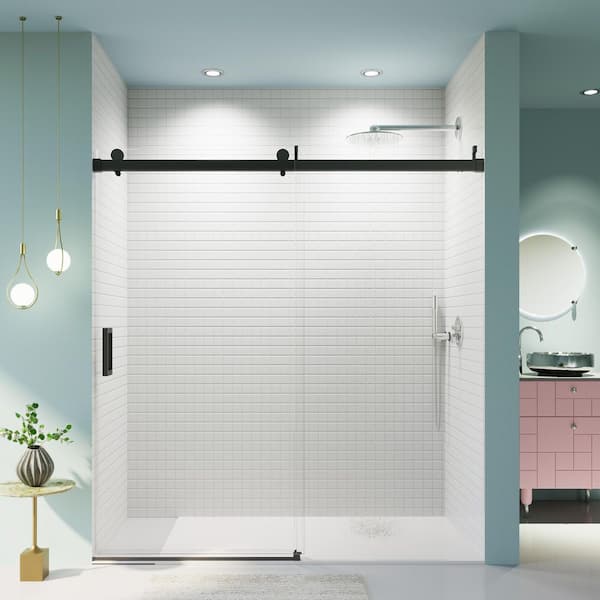 68 to 72 in. W x 76 in. H Single Sliding Frameless Shower Door in Matte Black with Soft-Close and Tempered Clear Glass
