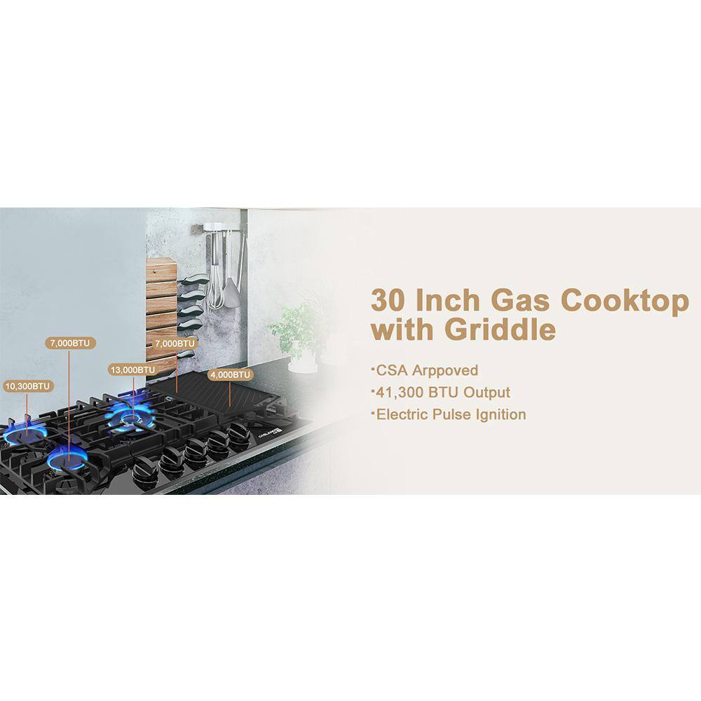 30 Inch Black Stainless Steel 5-Burner Gas Cooktop with Griddle