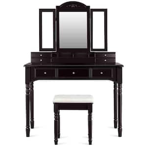 Coffee 7 Drawers Tri-Folding Vanity Mirror Makeup Dressing Table Set Armoire w/Necklace Hook
