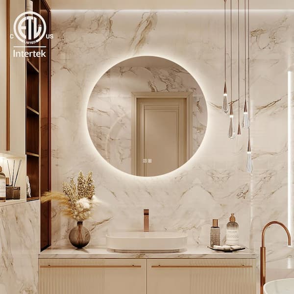 HOMLUX 32 in. W x 32 in. H Round Frameless LED Light with 3-Color and Anti-Fog Wall Mounted Bathroom Vanity Mirror