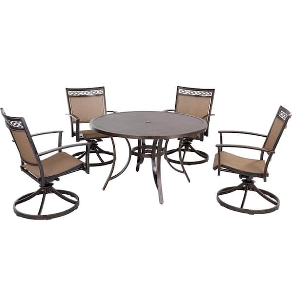 Mondawe Zin Dark Gold 5-Piece Cast Aluminum Outdoor Dining Set with Round Umbrella Table, Swivel Sling Chairs