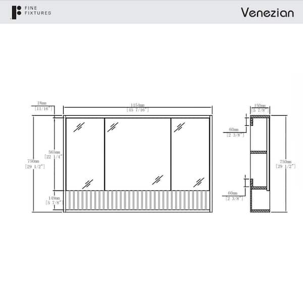 FINE FIXTURES Venezian 45.5 in. W x 29.5 in. H Small Rectangular Black Matte Wooden Surface Mount Medicine Cabinet with Mirror