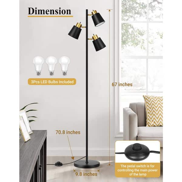 Rottogoon 3-Headed 67 in. Black Gold Industrial 3-Light Tree Floor