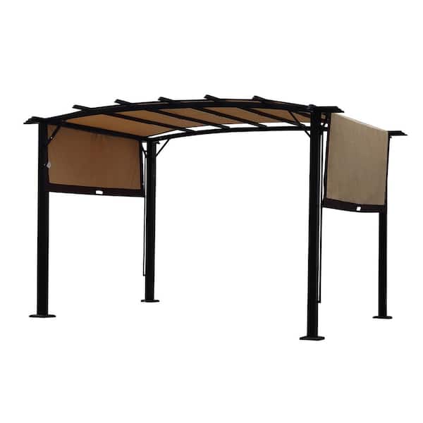 Zeus & Ruta 12 ft. x 9 ft. Beige and Brown Steel Frame Outdoor Pergola Patio Gazebo Retractable Canopy for Garden, Balcony, Lawn