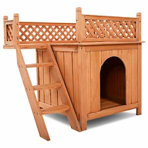 Natural Wood Dog House with Roof Balcony and Bottom Floor for Small Dog