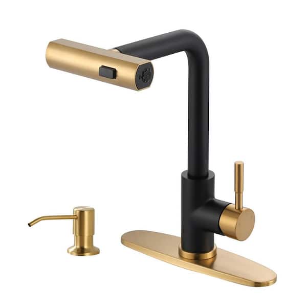 Gold and Black 3-Mode 13.5 in. H 360° swivel Pull-Out Sprayer Kitchen Faucet with Separate Soap Dispenser