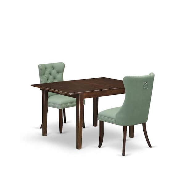 East West Furniture 3-Piece Mahogany Finish Rectangular Solid Wood Top with Butterfly Leaf Dining Table Set