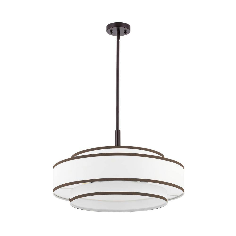 Bronze and White Fabric Double Drum 5-Light Chandelier