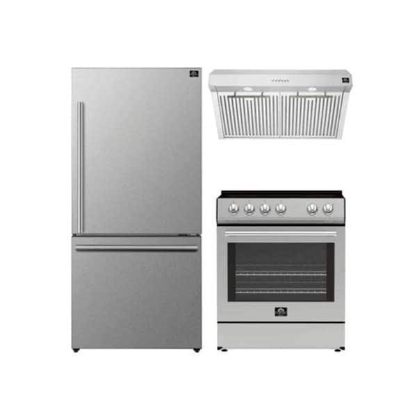 3-Piece BundleLeonardoEspresso 30 in. StainlessRange 30 in. StainlessSteel RangeHood 31 in. StainlessFreezerRefrigerator