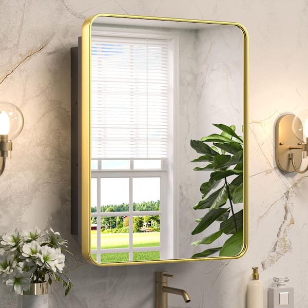 KeonJinn 20 in. W x 26 in. H Rectangular Brass Gold Stainless Steels Framed Recessed/Surface Mount Medicine Cabinet with Mirror