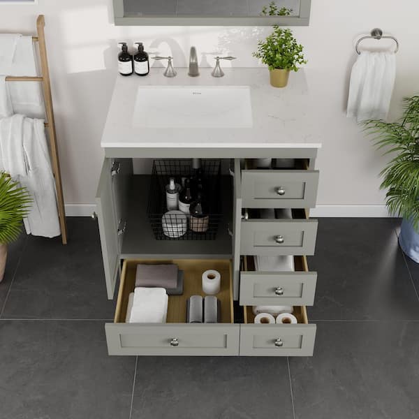 Eviva Acclaim 30 in. W x 22 in. D x 34 in. H Single Sink Transitional Bath Vanity in Gray with White Carrara Quartz Top