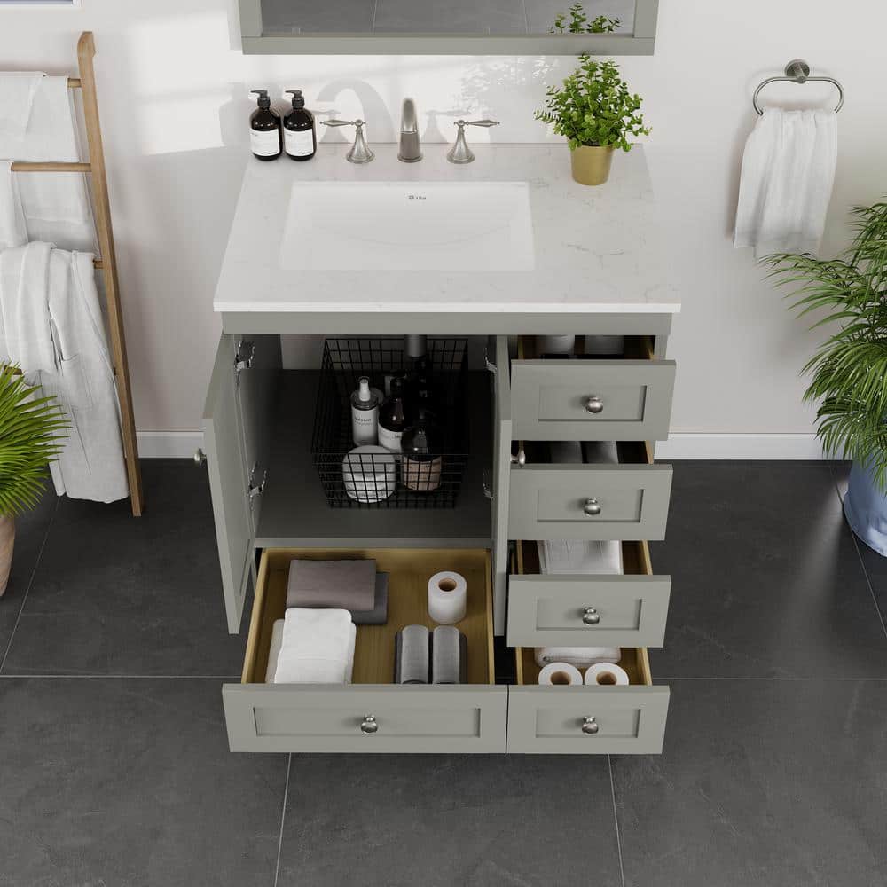 Gray 30" Freestanding Bathroom Vanity with White Quartz Top