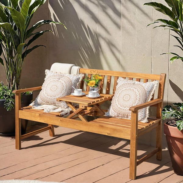 Outdoor Wood Bench 2-Person, Garden Chair Patio Porch with Foldable Small Table Plate for Deck, Yard, Balcony