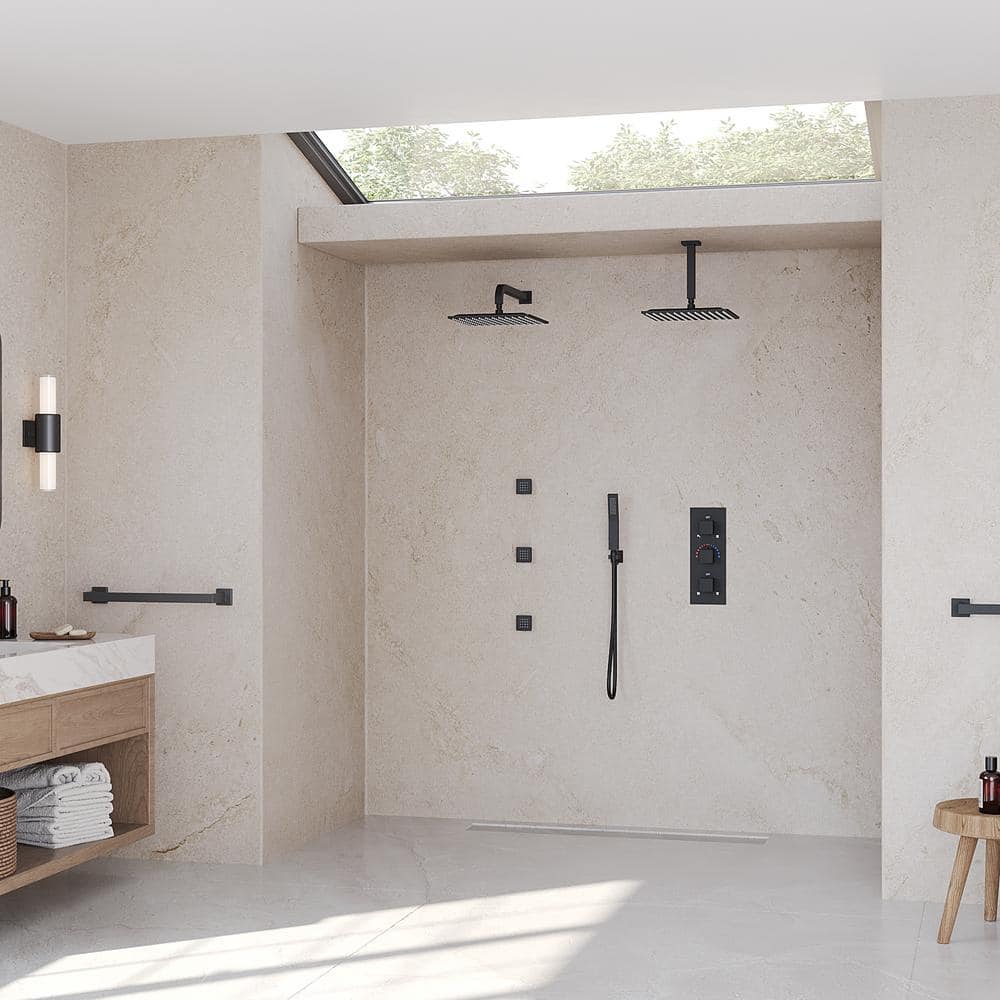 Matte Black Dual Shower Head System with Handheld and Jets