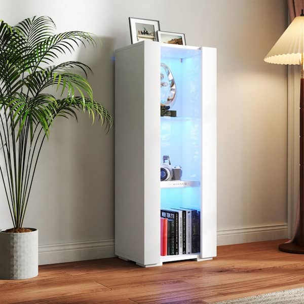 Tileon Kitchen Pantry, Storage Cabinets With Aluminum Strip Lamp with Glass Shelves for Living Room/Bedroom/Office, White