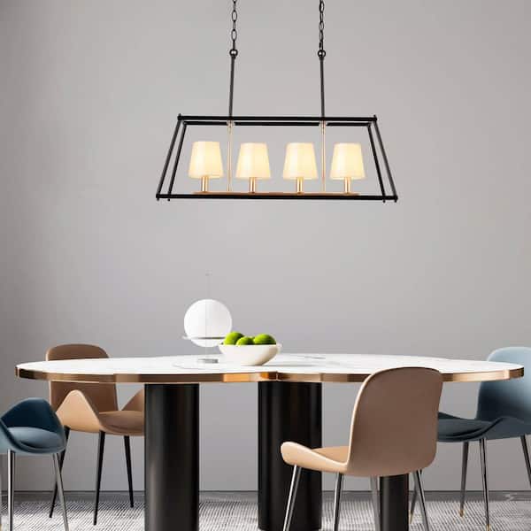 Vintage 4-Light Black Chandelier Pendant Lighting with Fabric Shades, Modern Rectangle Brass Gold Hanging Pendant Light