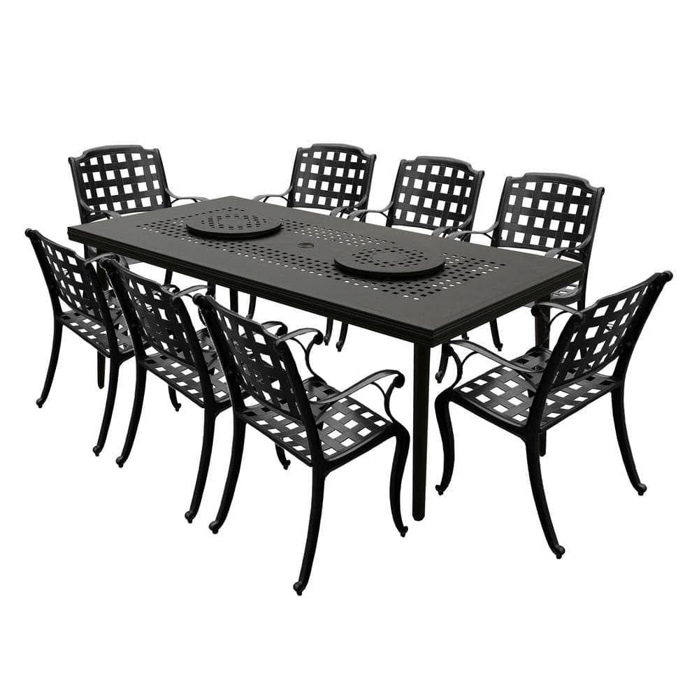 Black Aluminum 84" Rectangular Outdoor Dining Set with Mesh Chairs
