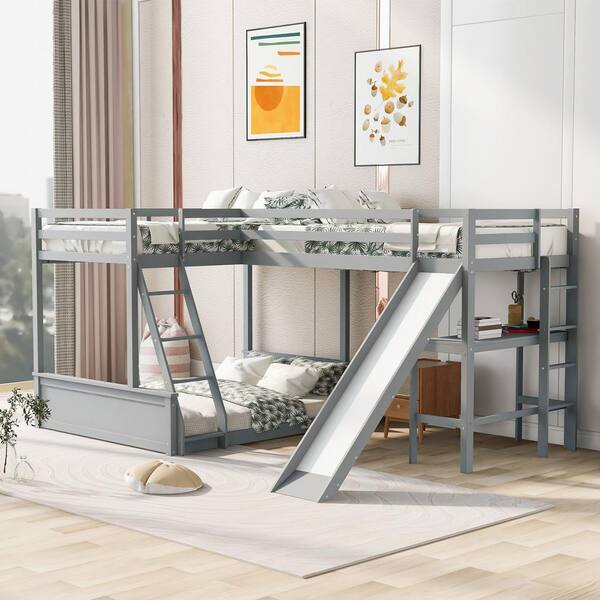 Urtr Gray Triple Bunk Bed Frame With, Full Loft Bed With Slide And Desk