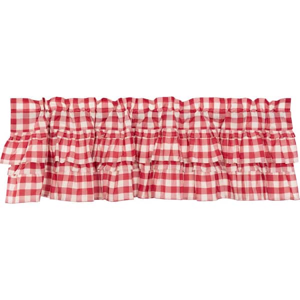VHC BRANDS Annie Buffalo Check 60 in. W x 16 in. L Cotton Straight Edge Rod Pocket Farmhouse Kitchen Curtain Valance in Red