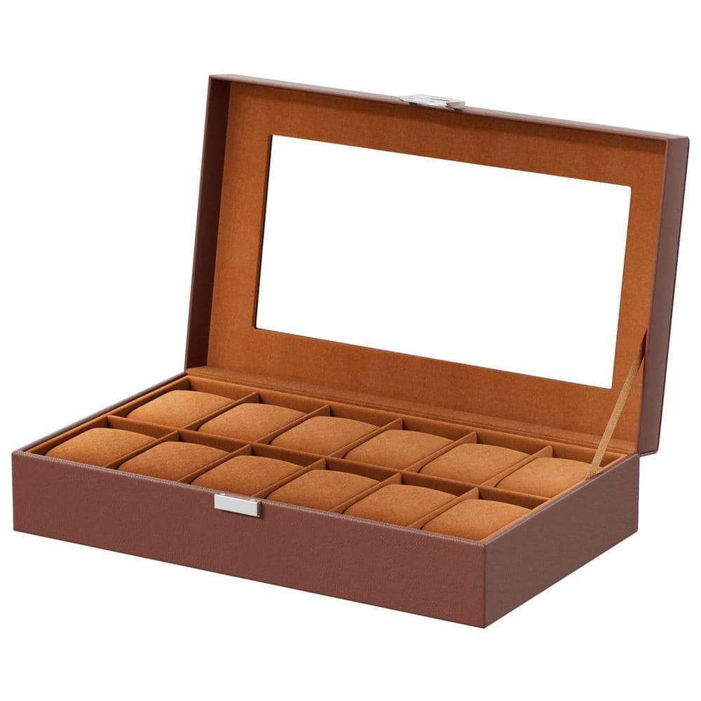 Brown 12-Slot PU Leather Watch Box with Glass Lid Z0CJ2PR46D - The