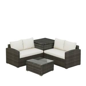 4-Piece Wicker Patio Conversation Sofa Seating Set with Beige Cushions