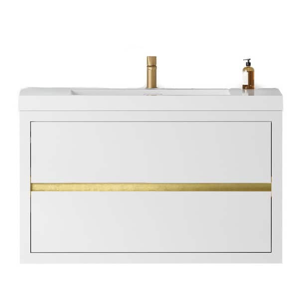 35.43 in. W x 19.69 in. D x 22.44 in. H Wall-Mounted Bath Vanity in Glossy White with White Resin Top