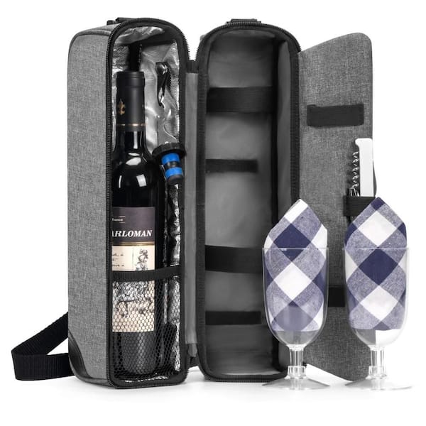 Insulated Cooler Bag with Wine Glasses, Bottle Opener and Wine Accessories for Household, Gray