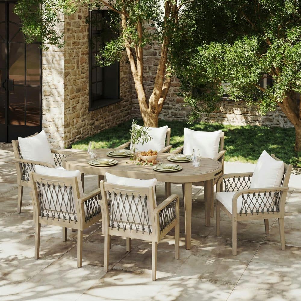 Maria 7-Piece Wood Patio Outdoor Dining Set with Beige Cushions Dining Chair and Light Teak Oval Dining Table price history on PriceWatchPro